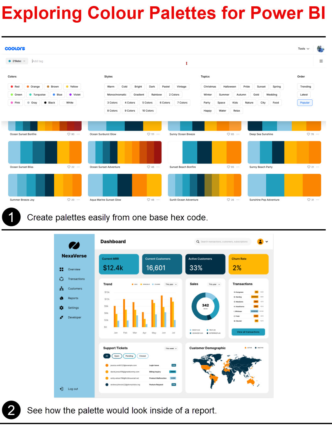 Two screenshots from Coolors. In the first, the tag 219ebc is entered in the palette explorer and a grid of generated palettes appears below it, each one pairing light blue and navy with amber and orange. In the second, one of those palettes is applied to a mocked up analytics dashboard, showing the colours working across KPI cards, a bar chart, a donut chart and a map.